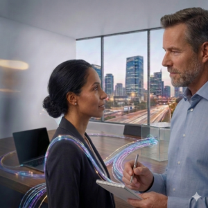 A man and woman talking in an office, fibre optics connecting people and technology.