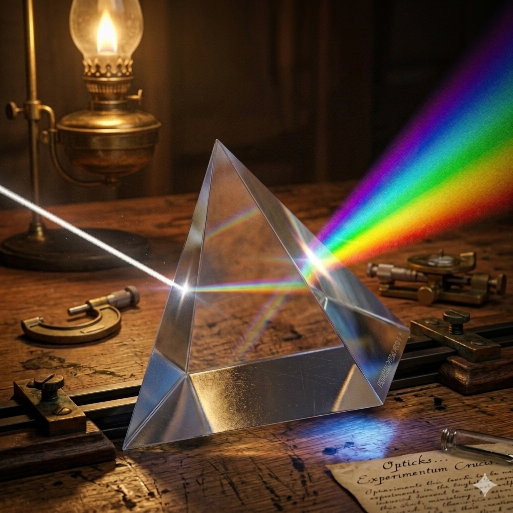 A triangular glass prism on a dark background separates a beam of white light into a rainbow spectrum.