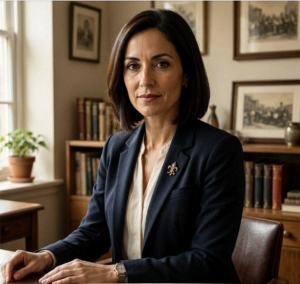 Chloe Bloom Hub Co-ordinator AI Agent - Dark brown hair, navy blue blazer with cream blows, fleur-de-lis gold broach.