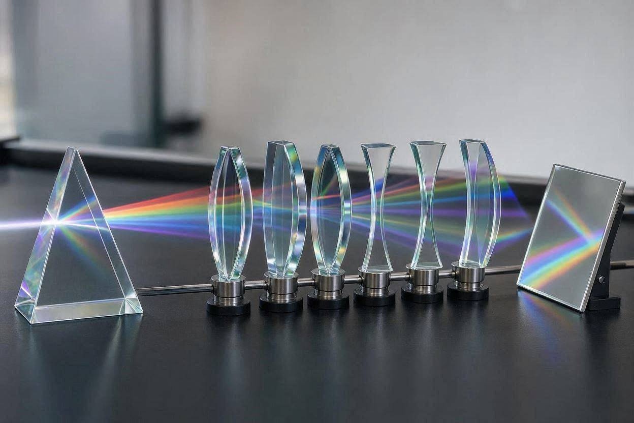 A visual representation of OPTICS - Light hitting a prism, a series of optical lenses and then a mirror and reflecting back.